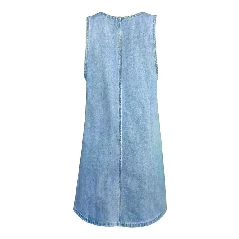 Womens Summer Dress in Denim with Patch Pockets and Wide Straps