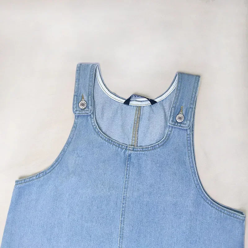 Womens Summer Dress in Denim with Patch Pockets and Wide Straps