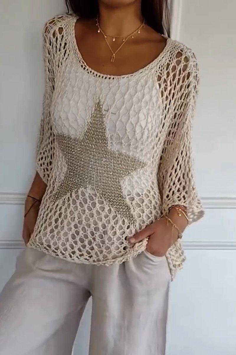 Womens Summer Top with Star Motif in Oversized Open Crochet Knit