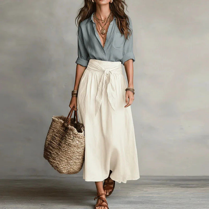 Womens Two Piece Skirt Set with Collared Blouse and High Tie Waist