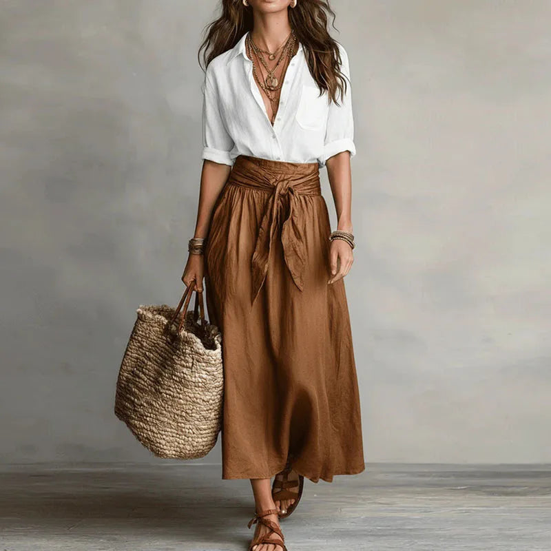 Womens Two Piece Skirt Set with Collared Blouse and High Tie Waist