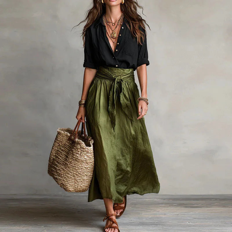 Womens Two Piece Skirt Set with Collared Blouse and High Tie Waist