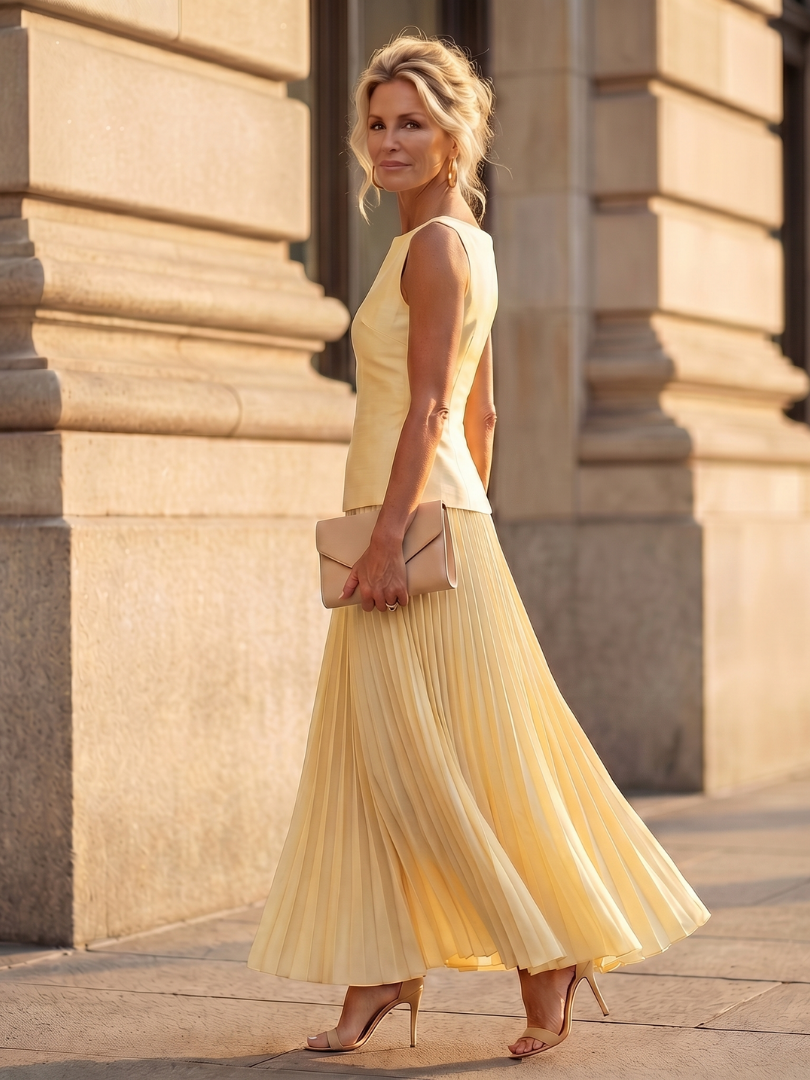 Womens Two Piece Skirt Set with Boat Neck Top and Pleated Maxi Skirt