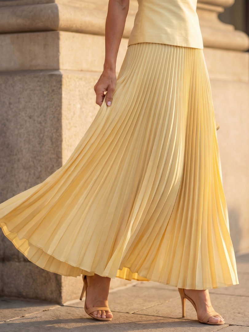 Womens Two Piece Skirt Set with Boat Neck Top and Pleated Maxi Skirt
