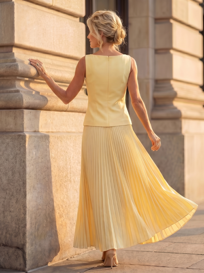 Womens Two Piece Skirt Set with Boat Neck Top and Pleated Maxi Skirt