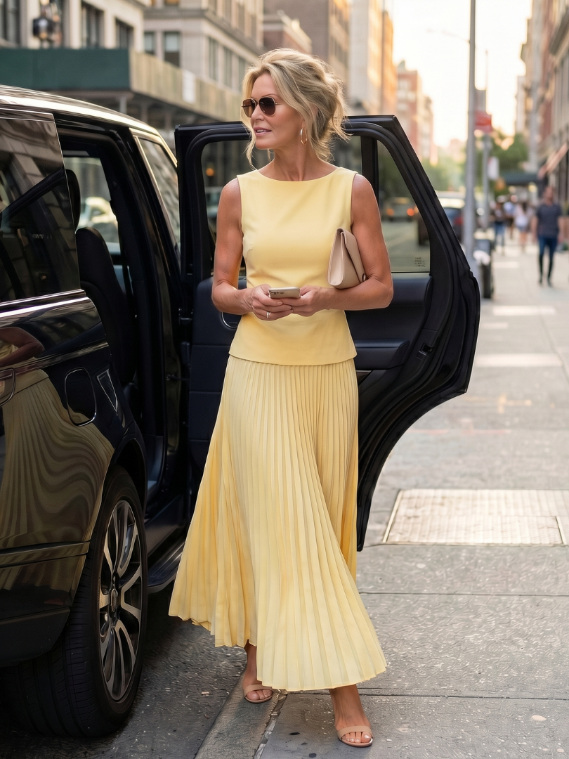 Womens Two Piece Skirt Set with Boat Neck Top and Pleated Maxi Skirt