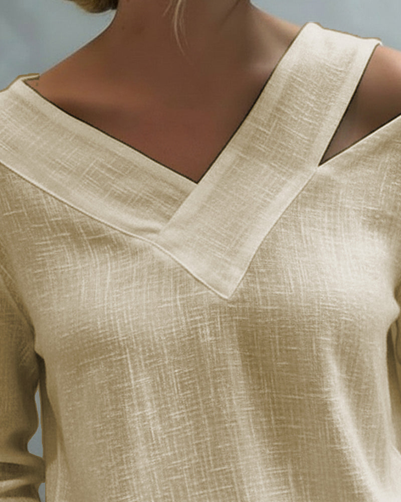Womens Long Sleeve Top with Asymmetric V-Neck in Linen-Look Fabric