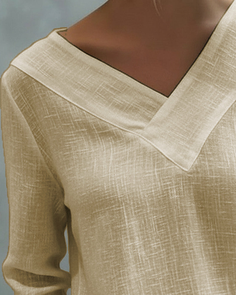 Womens Long Sleeve Top with Asymmetric V-Neck in Linen-Look Fabric