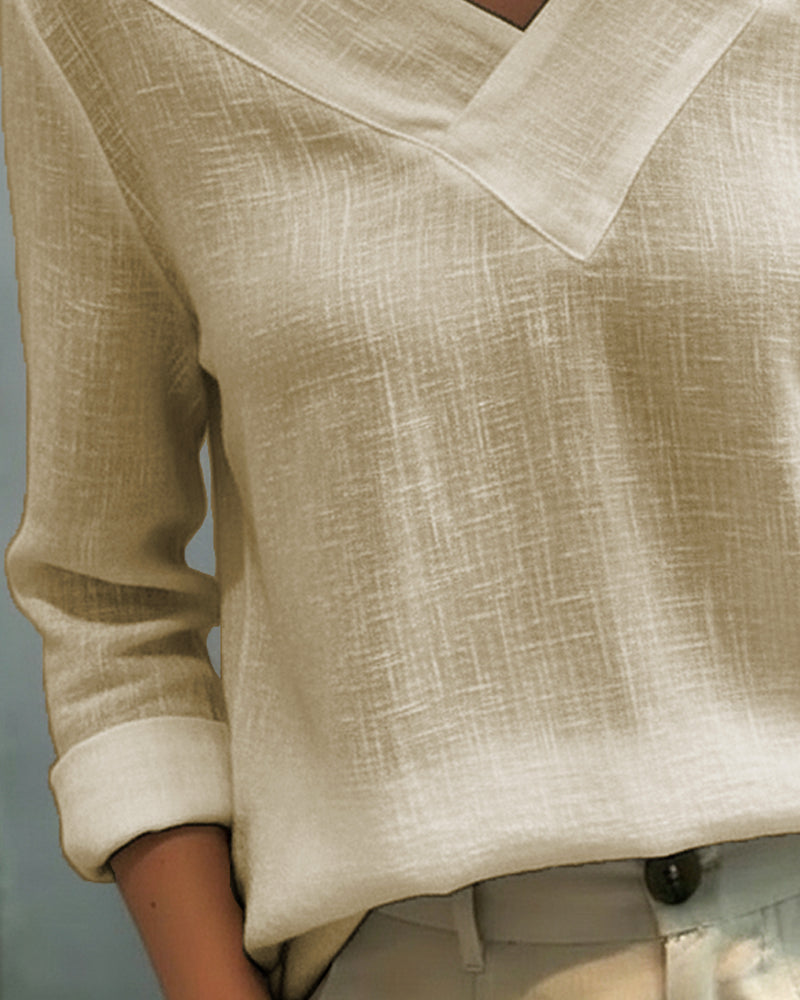 Womens Long Sleeve Top with Asymmetric V-Neck in Linen-Look Fabric