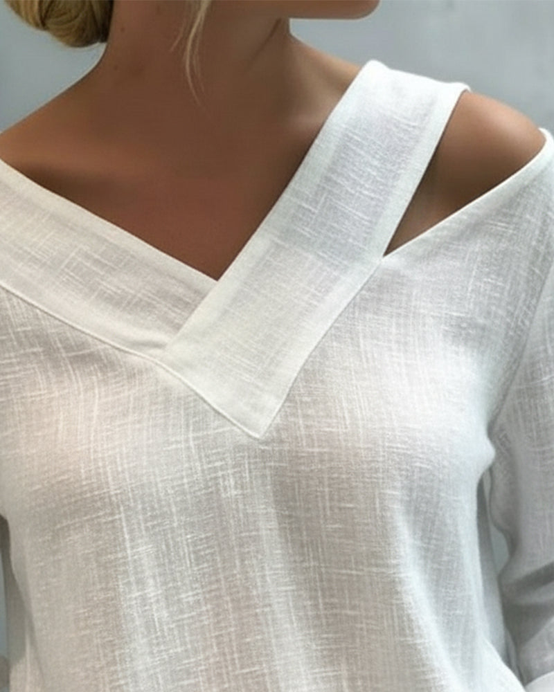 Womens Long Sleeve Top with Asymmetric V-Neck in Linen-Look Fabric