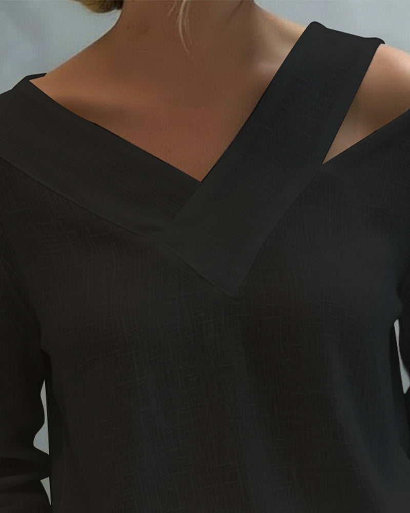 Womens Long Sleeve Top with Asymmetric V-Neck in Linen-Look Fabric