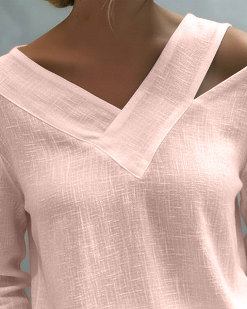 Womens Long Sleeve Top with Asymmetric V-Neck in Linen-Look Fabric