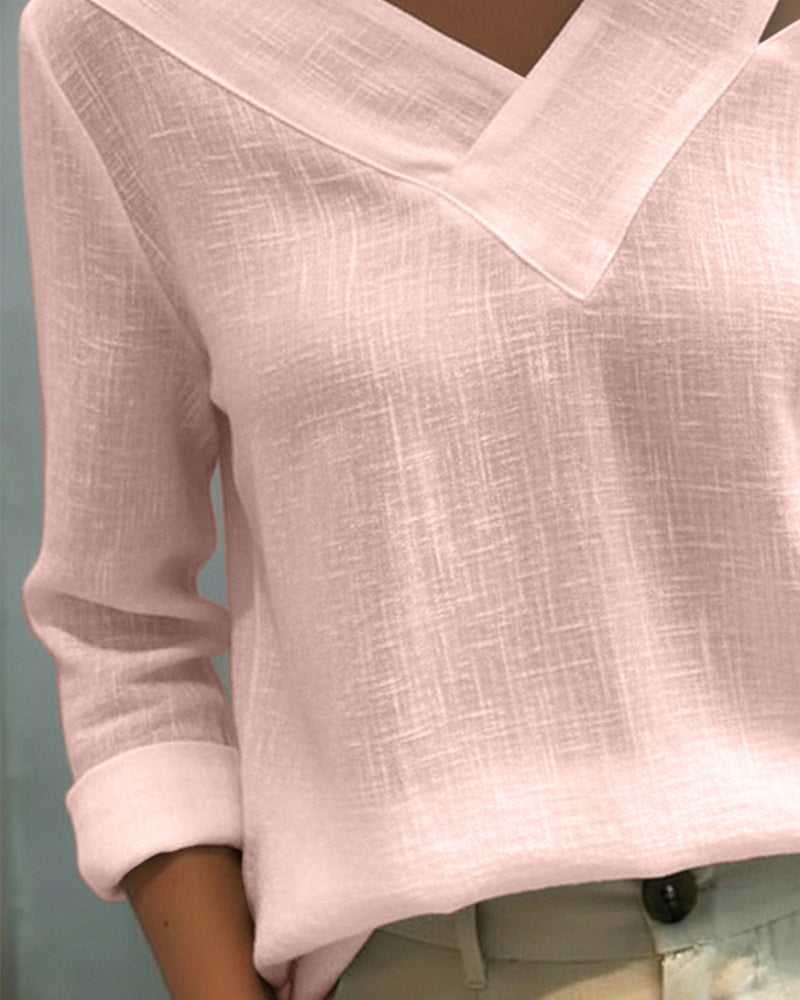 Womens Long Sleeve Top with Asymmetric V-Neck in Linen-Look Fabric